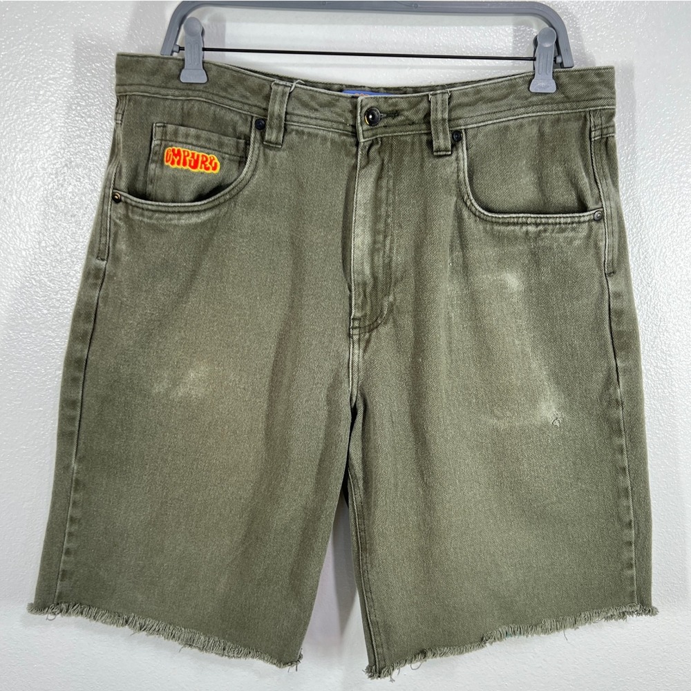 Gmpurd‎ Relax Denim Distressed Shorts 36 Frayed Hem Olive Green Cotton Casual